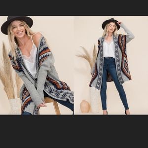 NEW Aztec Knit Cardigan Poncho Sweater - Women's Western Boho Taupe Grey Long